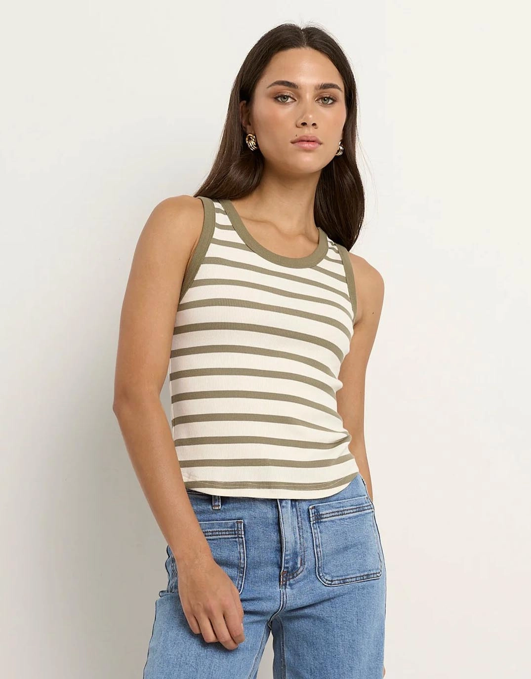 Cobble Rib Cutaway Tank - Khaki/Ivory Stripe Ventilated Back Benefit