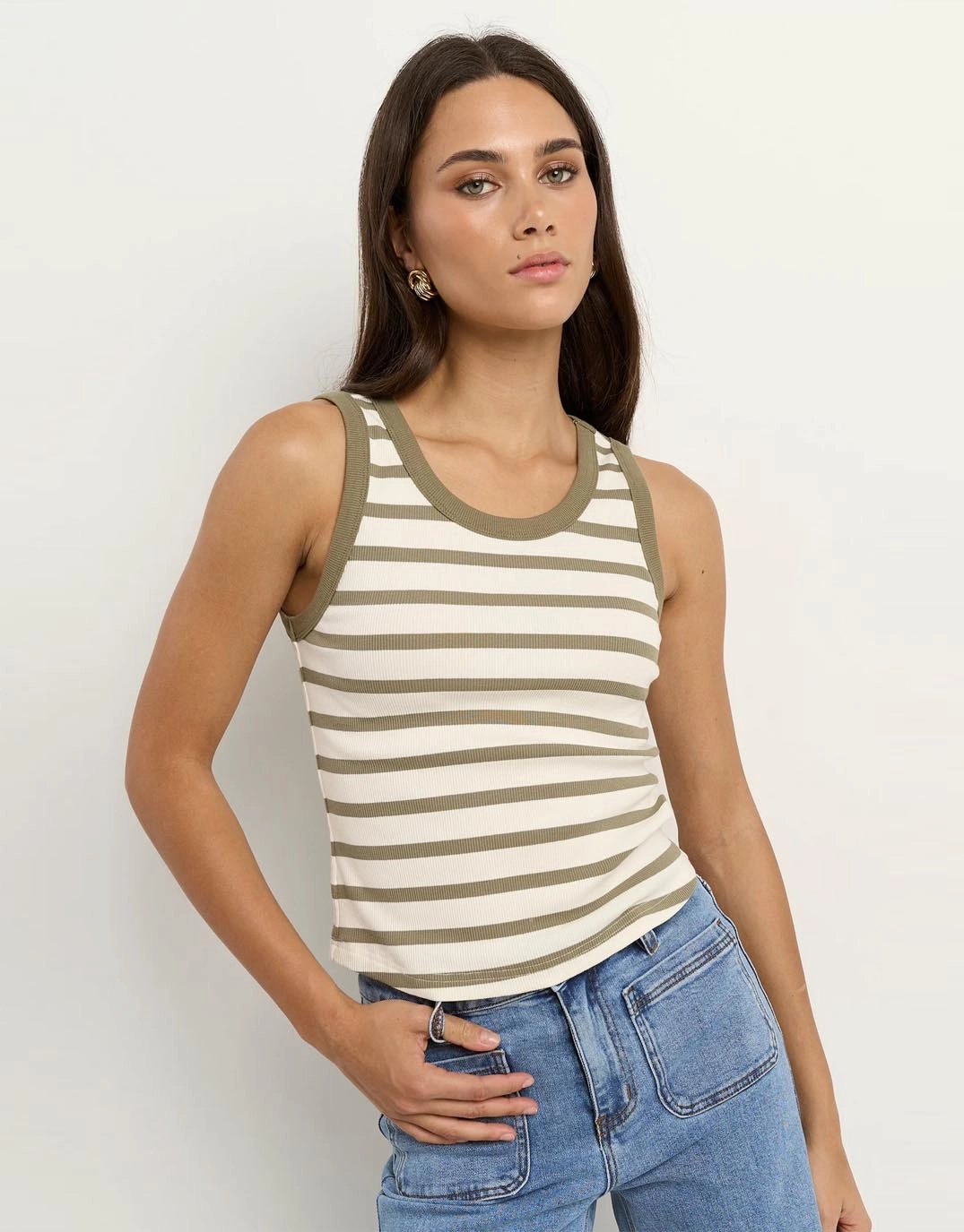 Cobble Rib Cutaway Tank - Khaki/Ivory Stripe alloy Wide Range
