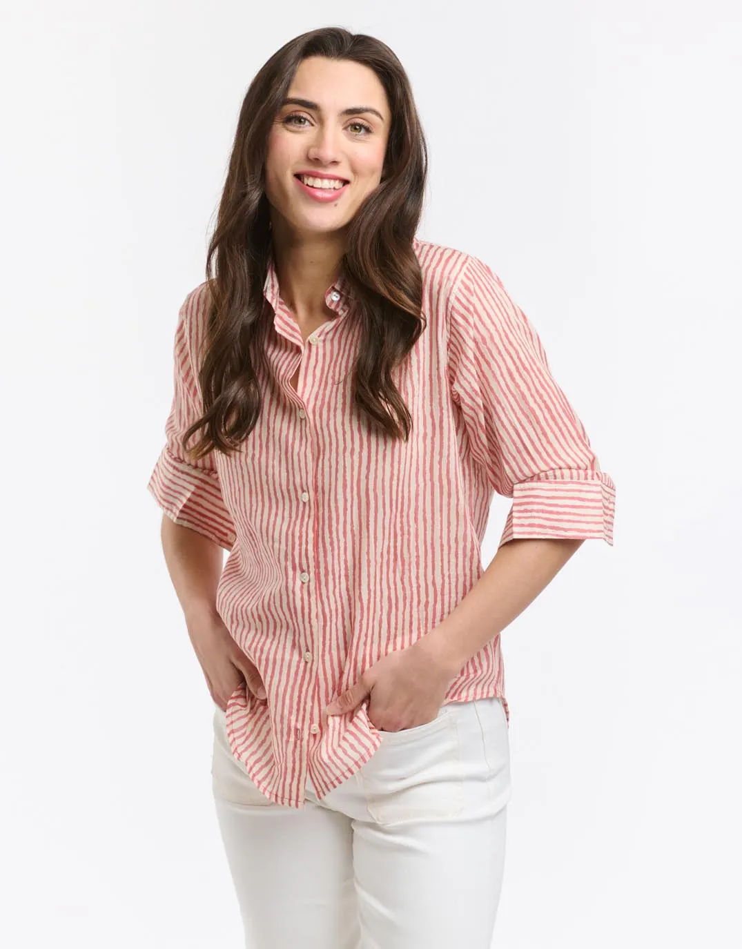 Collins Shirt - Red Stripe Eco Friendly Dye Neutral Toned Stitching