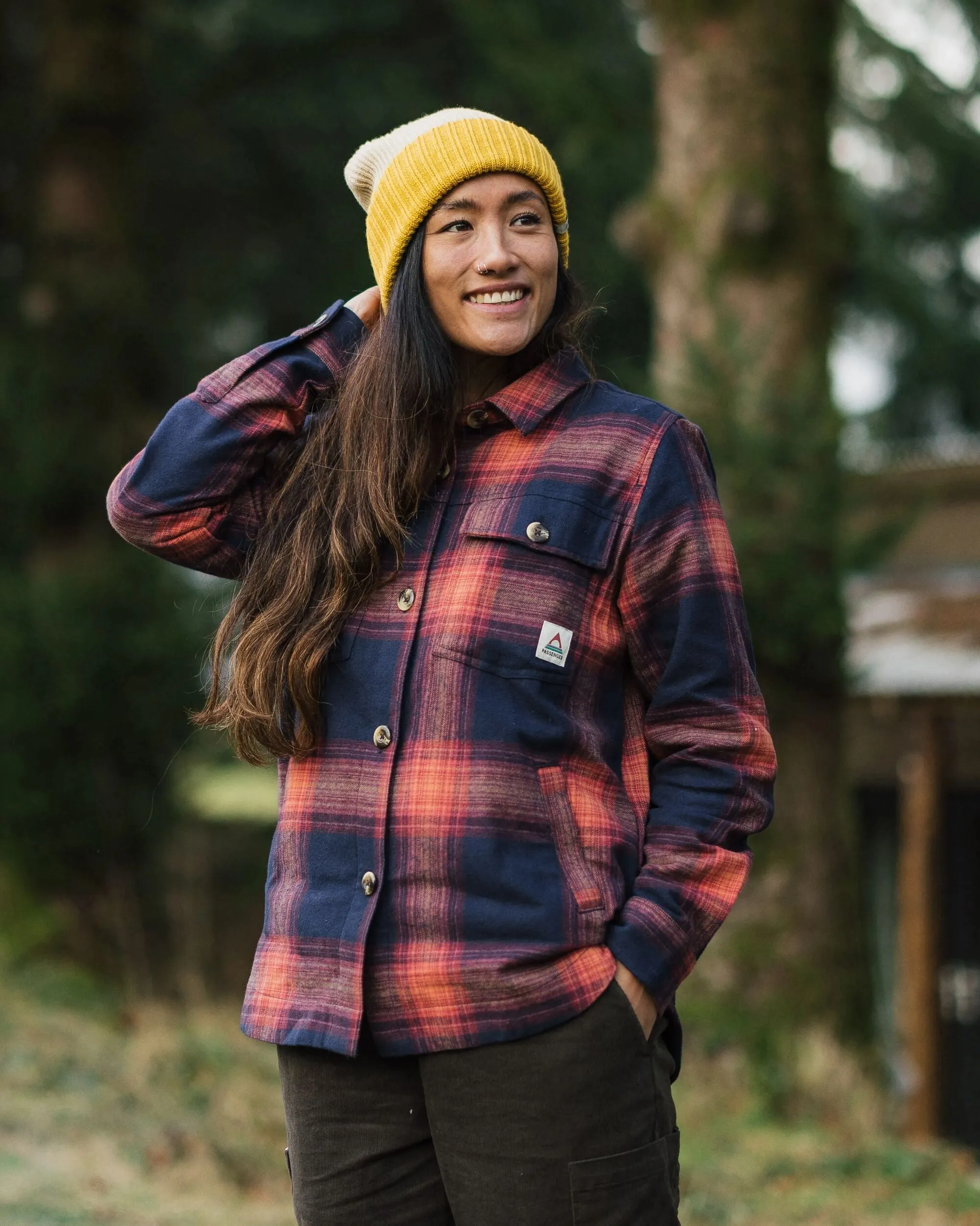 Midweight Textile Mesh Insert Stella Organic Cotton LS Shirt - Rich Navy/ Red Ochre Check