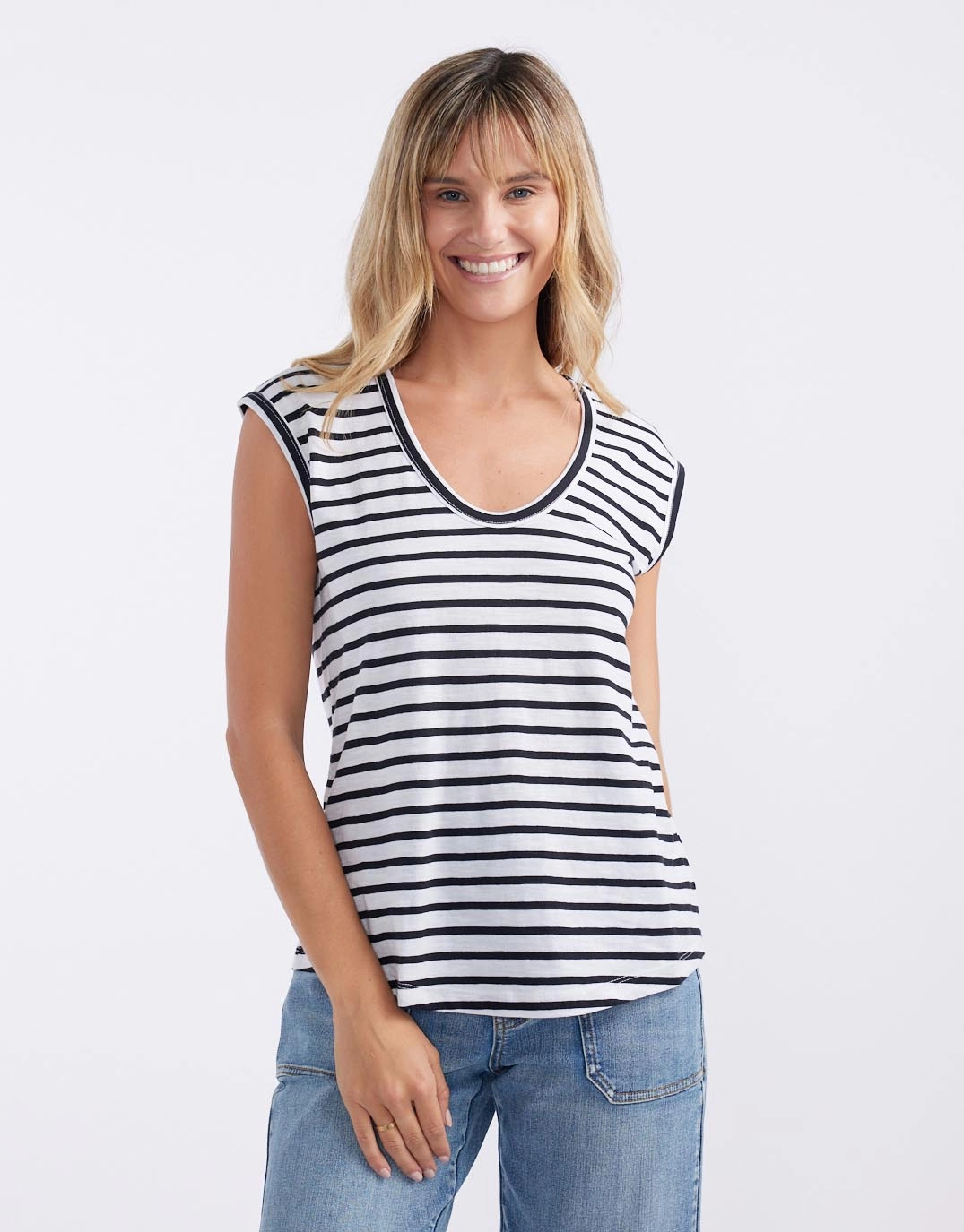 Machine washable Cali Scoop Tank - White/Black Stripe