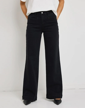 Luxury Textured Concert Mid Rise Wide Leg Pocket Jean - Black