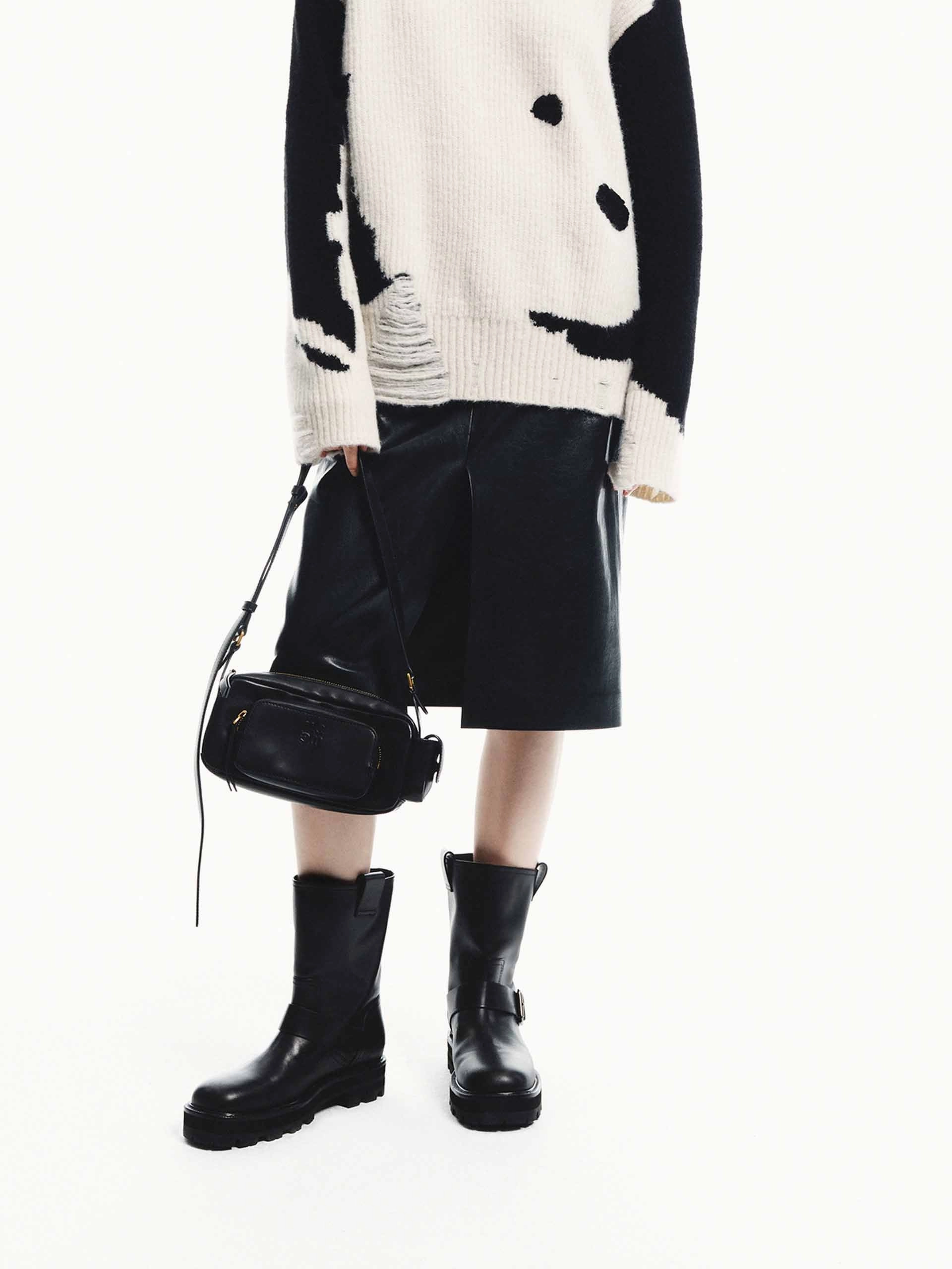 Front Slit Midi Leather Skirt Winter Layering