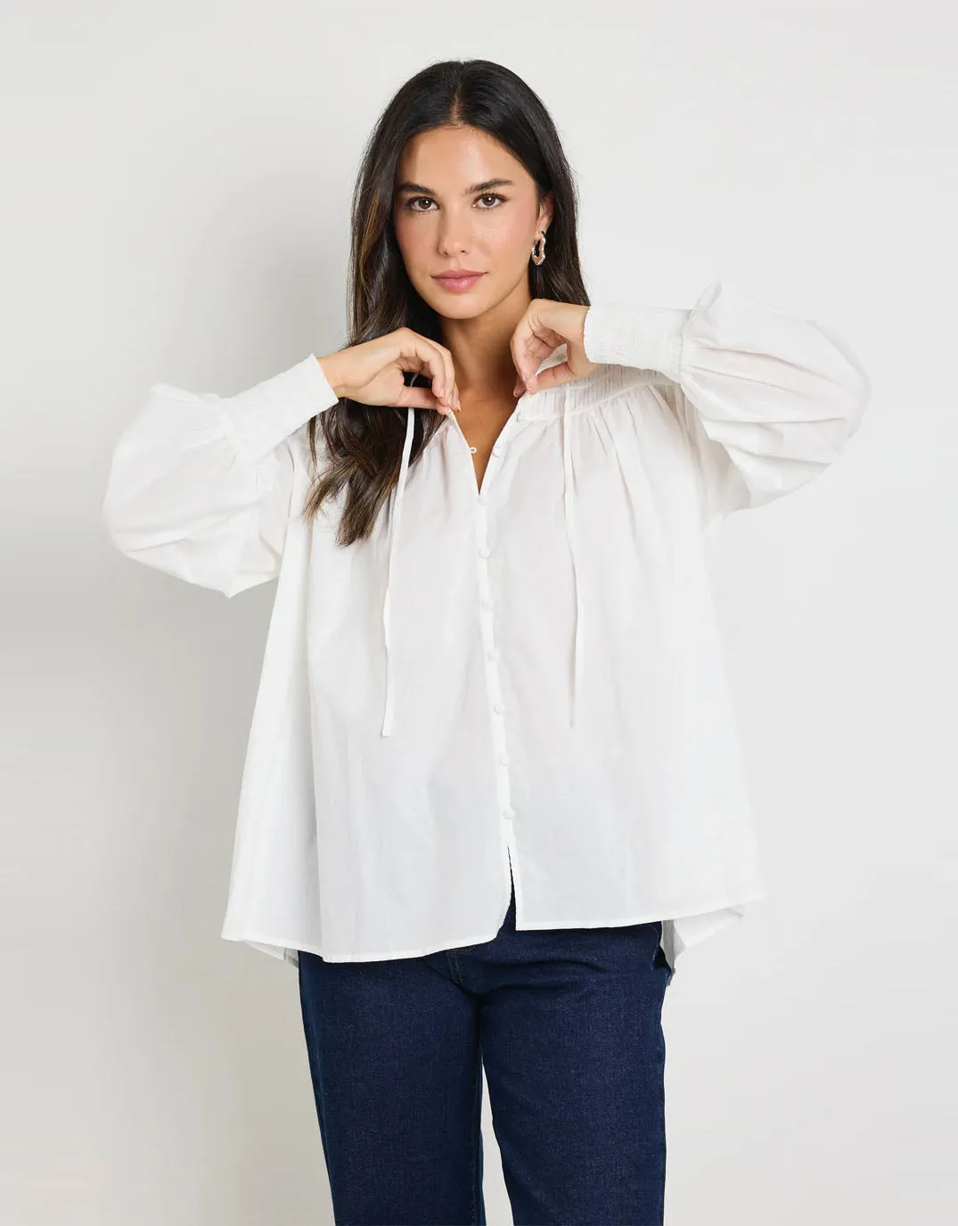 Breathable Cotton Creator Pintuck Long Sleeve Blouse - Ivory Voile