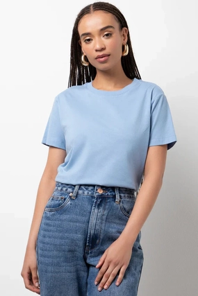 Crew Neck Short Sleeve Regular Fit T-Shirt Blue Loose Blouse
