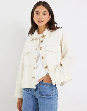 Echo Patch Pocket Denim Jacket - Ecru Cold Resist Effortless Layer