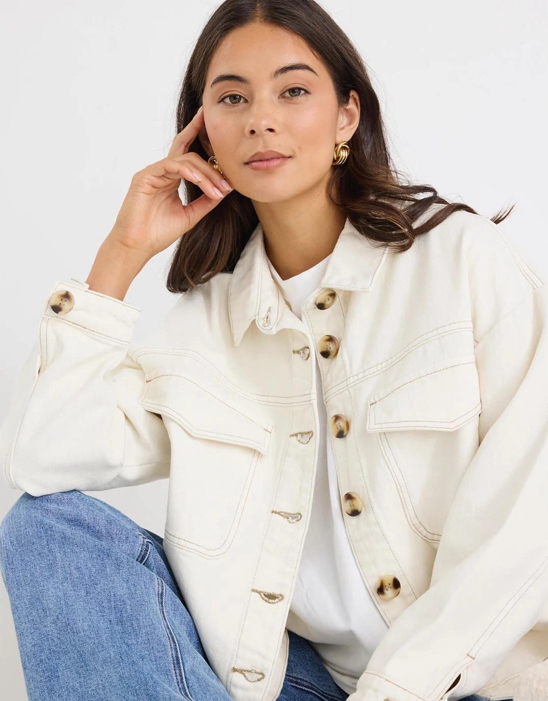 fall season Streetwear vibe Echo Patch Pocket Denim Jacket - Ecru