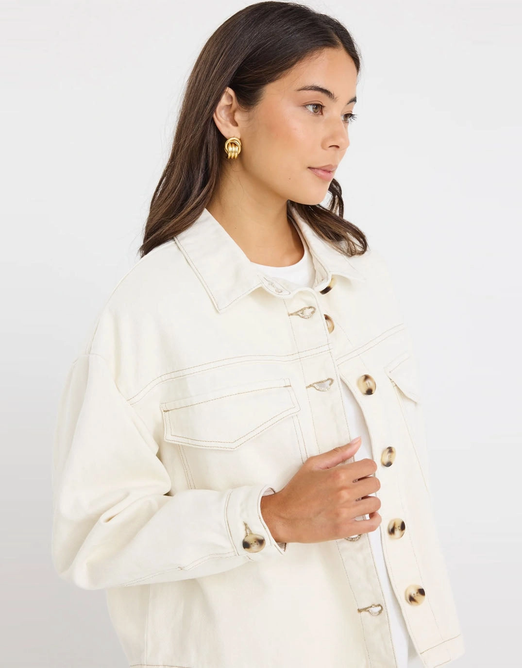 Tear Resistant Weave Glow In The Dark Trim Echo Patch Pocket Denim Jacket - Ecru