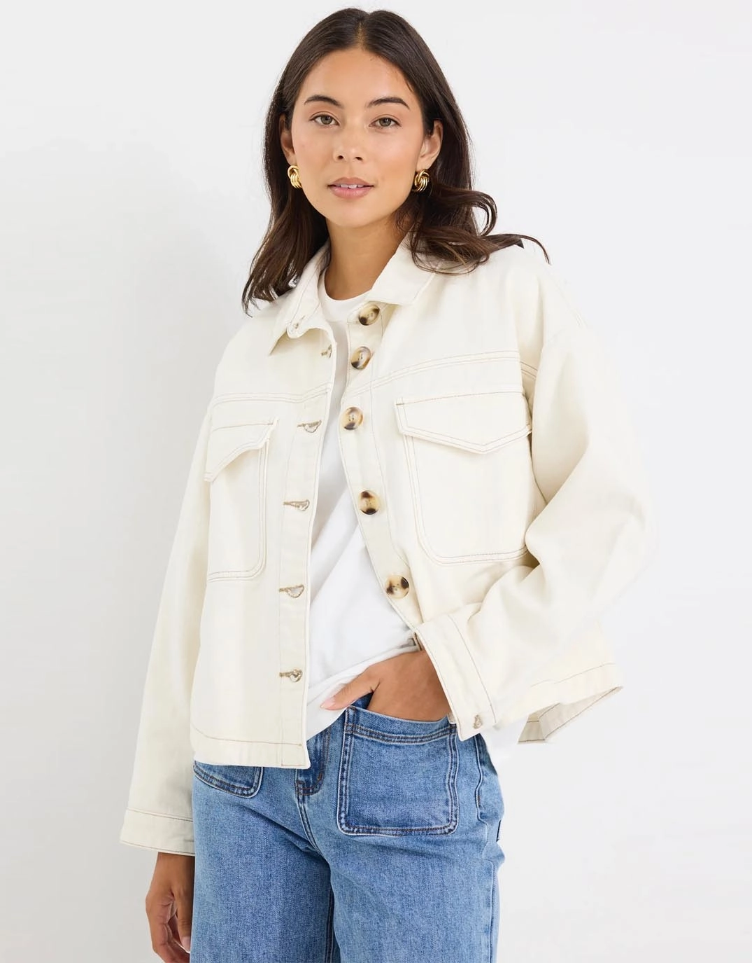Echo Patch Pocket Denim Jacket - Ecru Cold Resist Effortless Layer