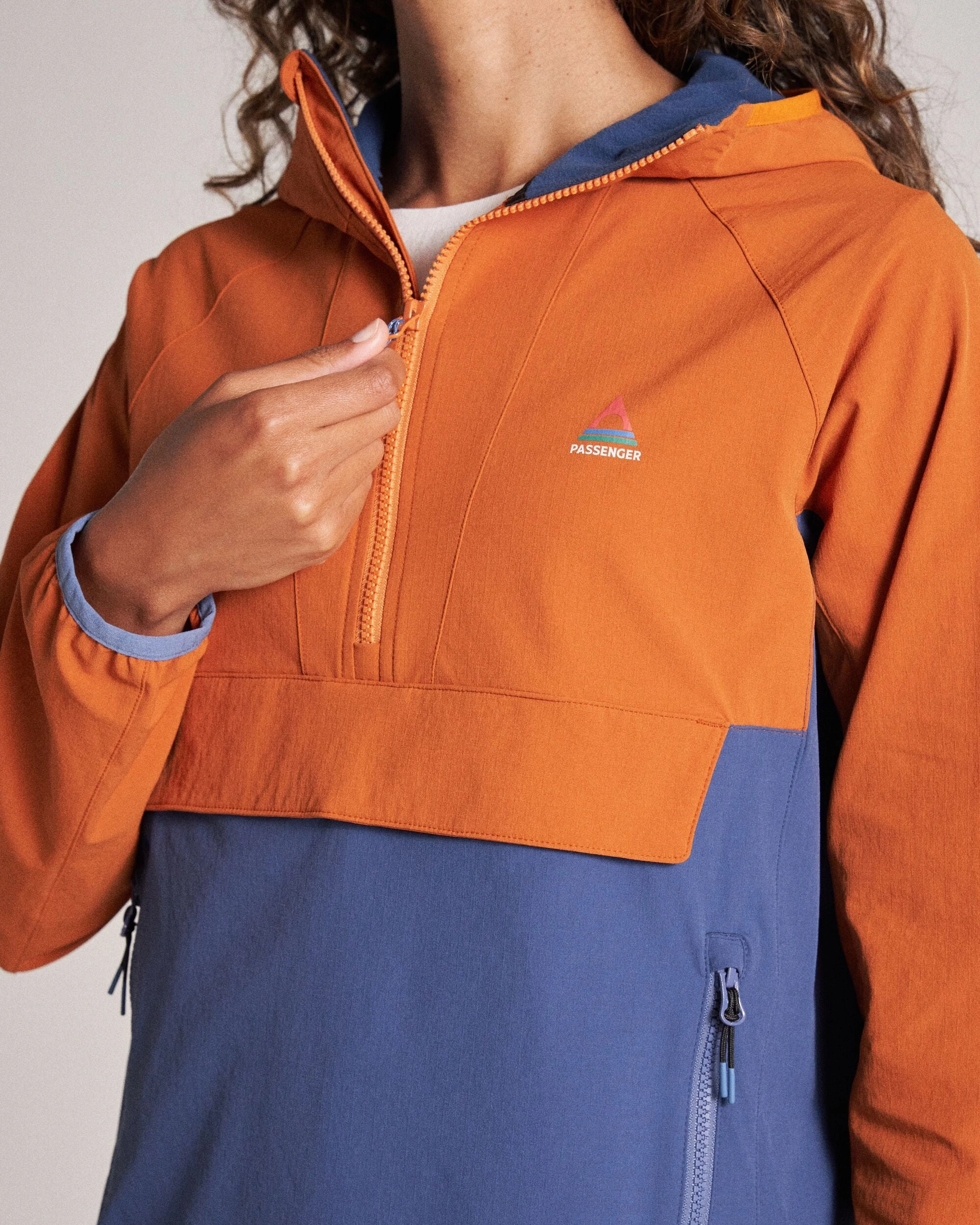 Ocean Light Recycled Softshell Anorak - Dark Denim/Sunset Orange Convertible Features