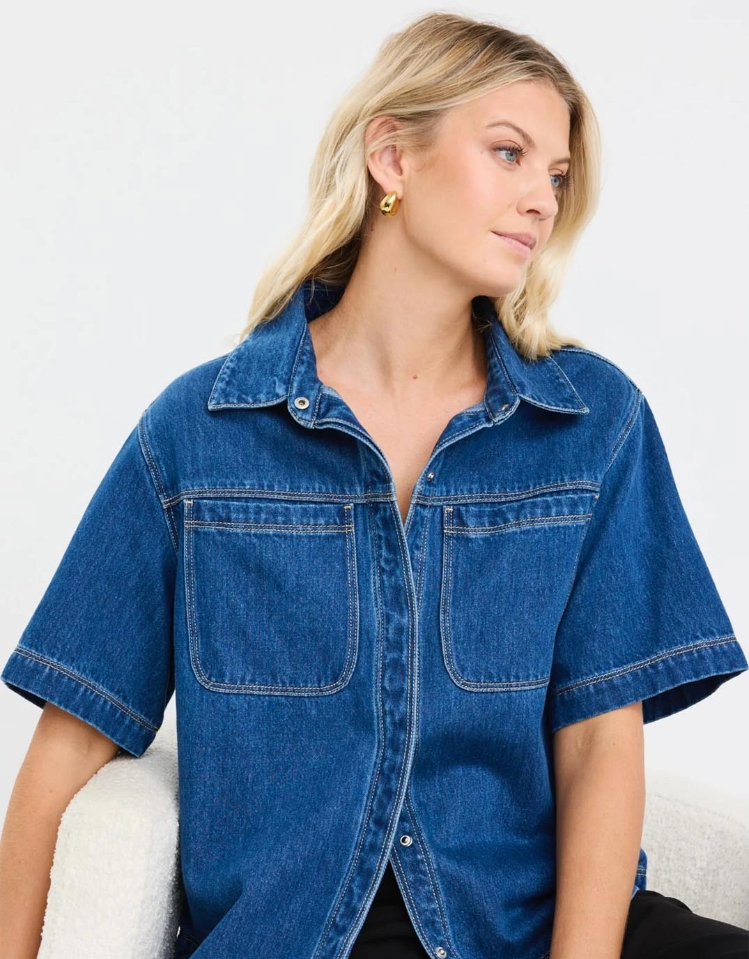 Crucial Denim Short Sleeve Shacket - Storm Blue Stretchable Fabric City Style