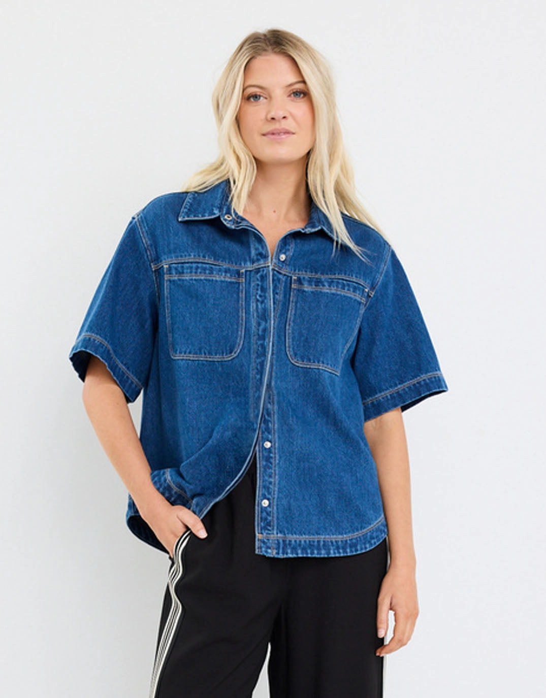 Cool Climate Crucial Denim Short Sleeve Shacket - Storm Blue