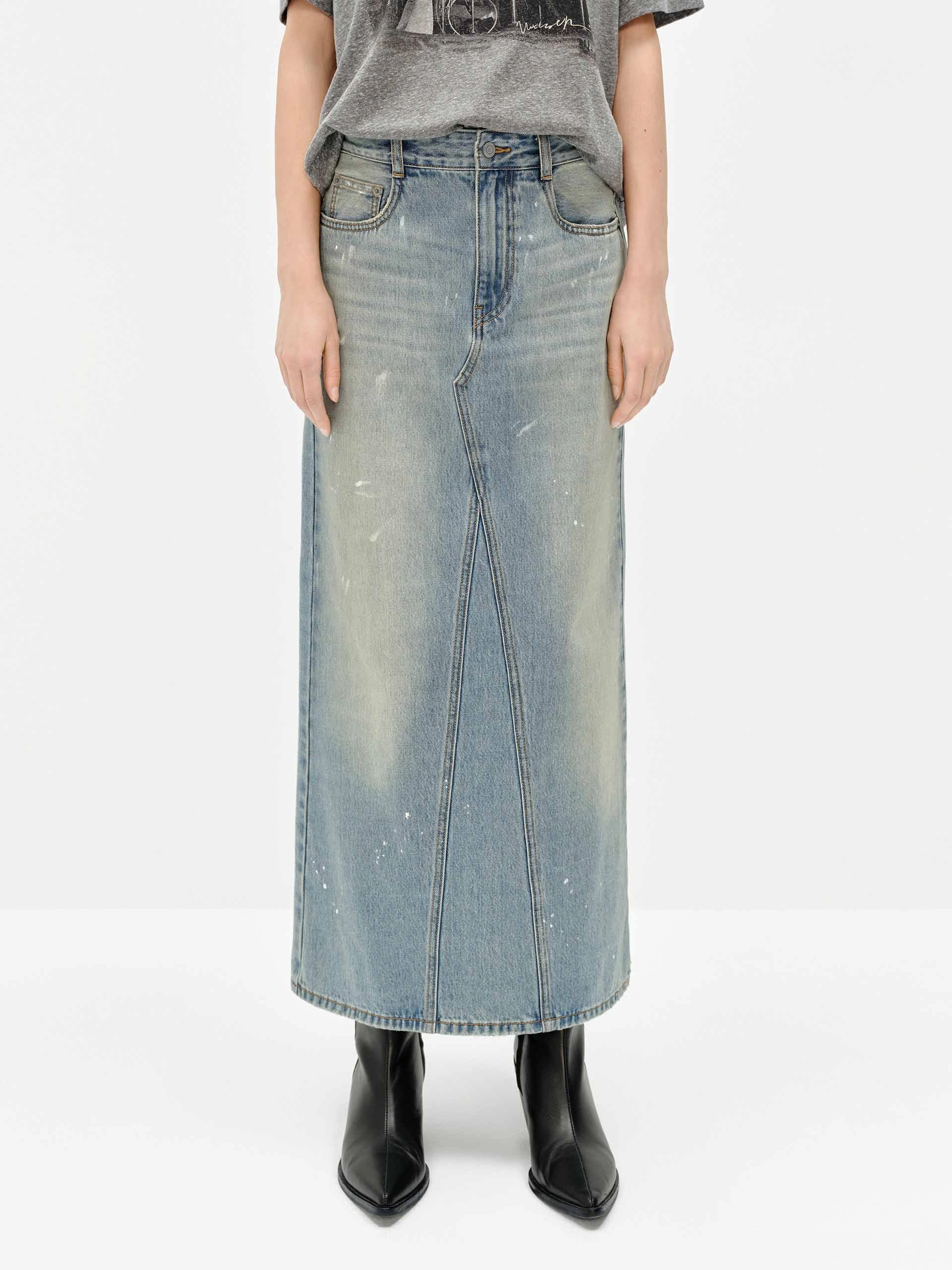 Splash Details Denim Skirt Elegant Texture Foil Print
