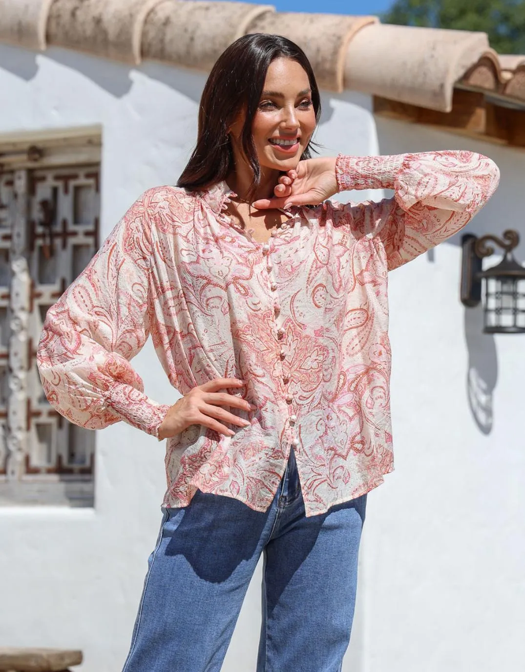 Dana Shirred Cuff Button Blouse - Pink Perfect Fit Sustainable Dye Process