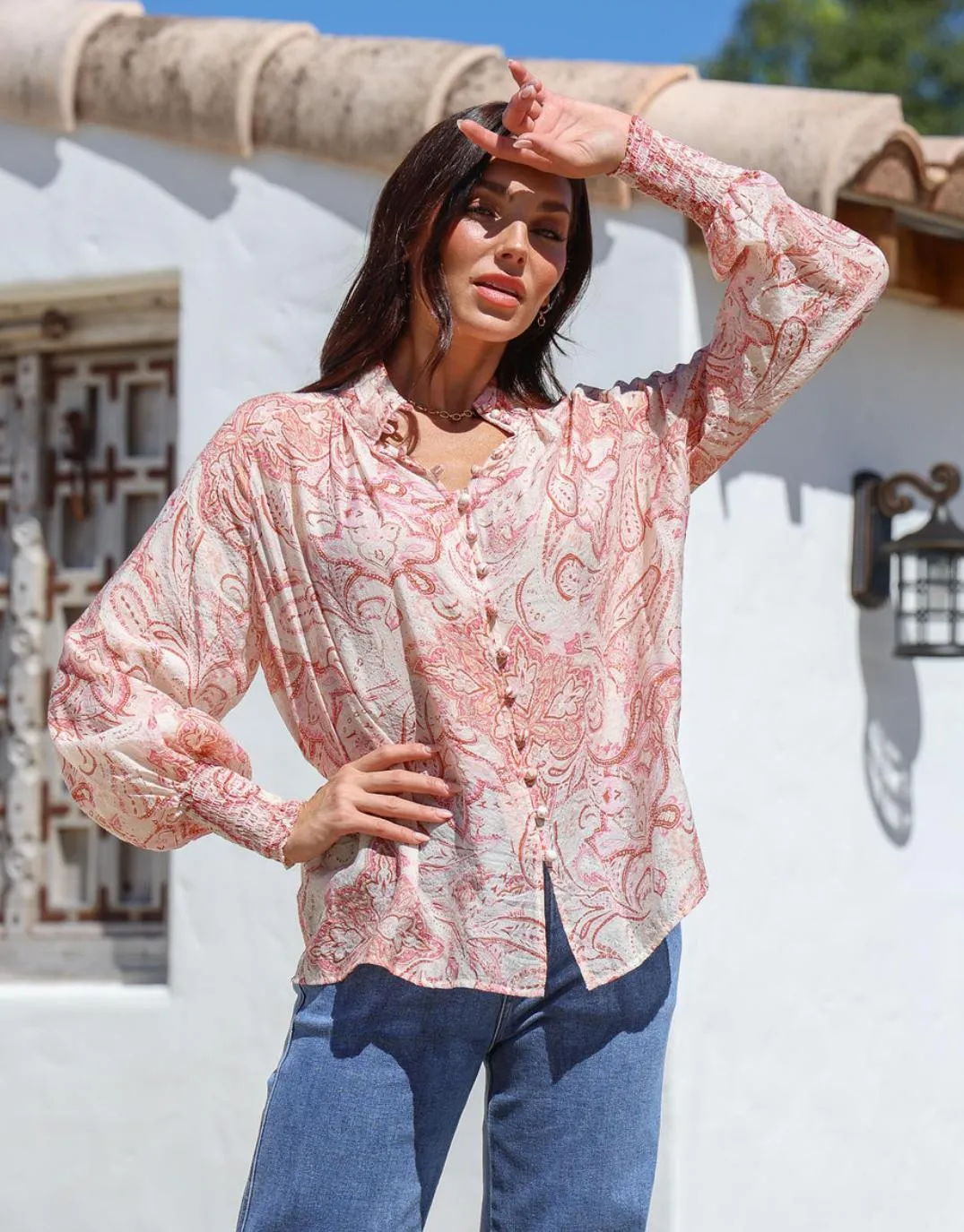 Beach Wear Gender Neutral Dana Shirred Cuff Button Blouse - Pink