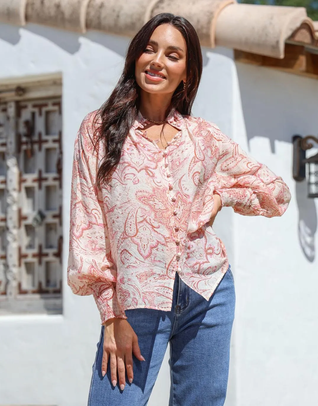 Chic Look Dana Shirred Cuff Button Blouse - Pink