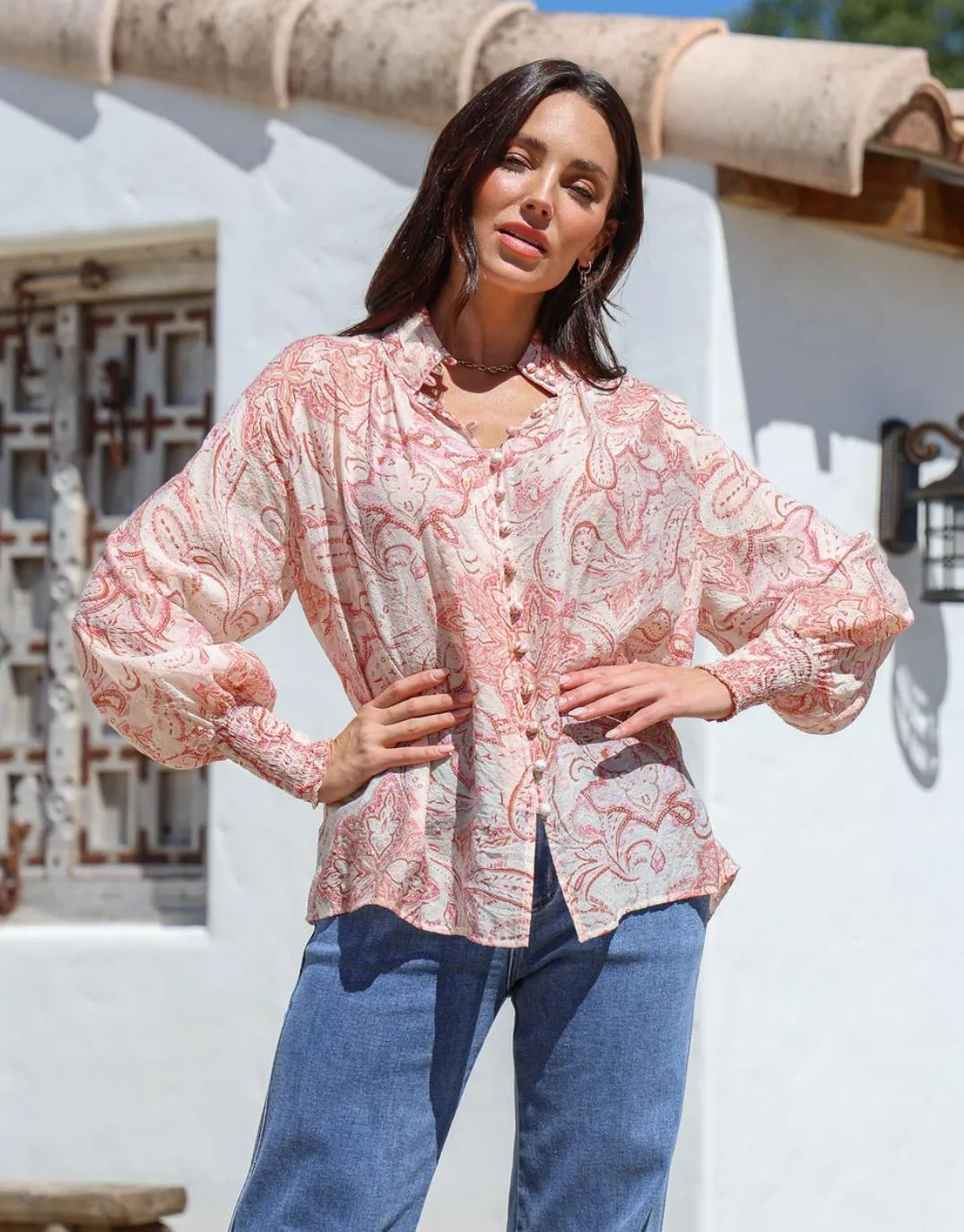 Dana Shirred Cuff Button Blouse - Pink Contemporary Style