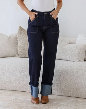 Daphne Cuff Straight Leg Jeans - Indigo Soft Aesthetic
