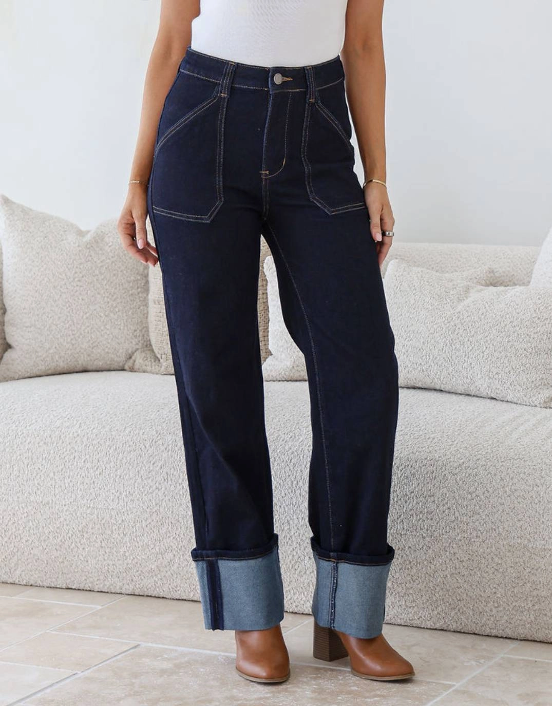 Daphne Cuff Straight Leg Jeans - Indigo Slim Silhouette