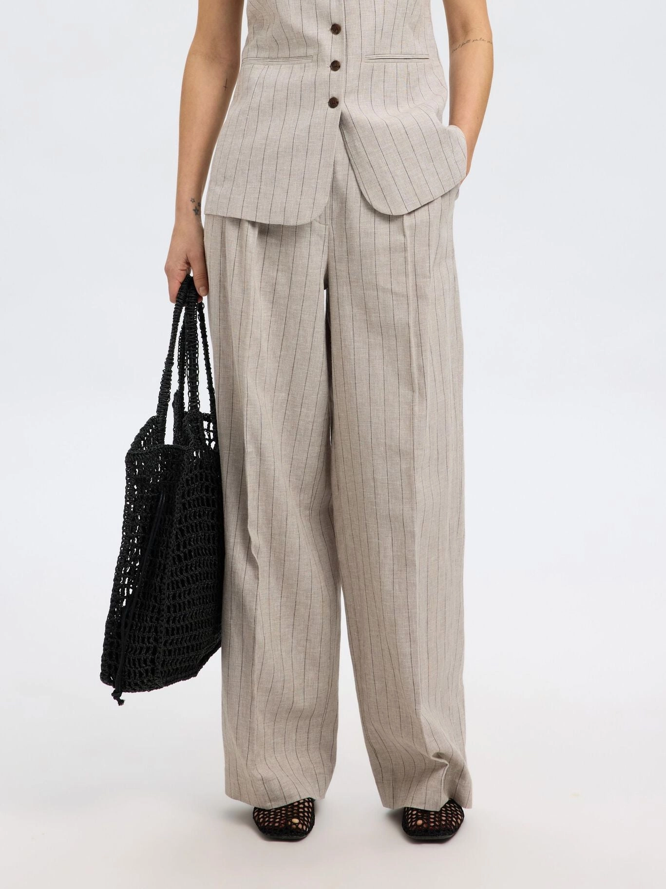 Breathable Weave Fabric Workout Ready SELECTED Vilka Sun Extra Wide Pant in Oatmeal Pinstripe