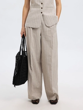Breathable Weave Fabric Workout Ready SELECTED Vilka Sun Extra Wide Pant in Oatmeal Pinstripe