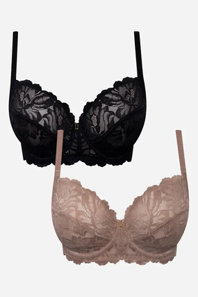 Flexible Wire Plus Size 2 Pack Non Padded Underwire Lace Bra Black And Natural