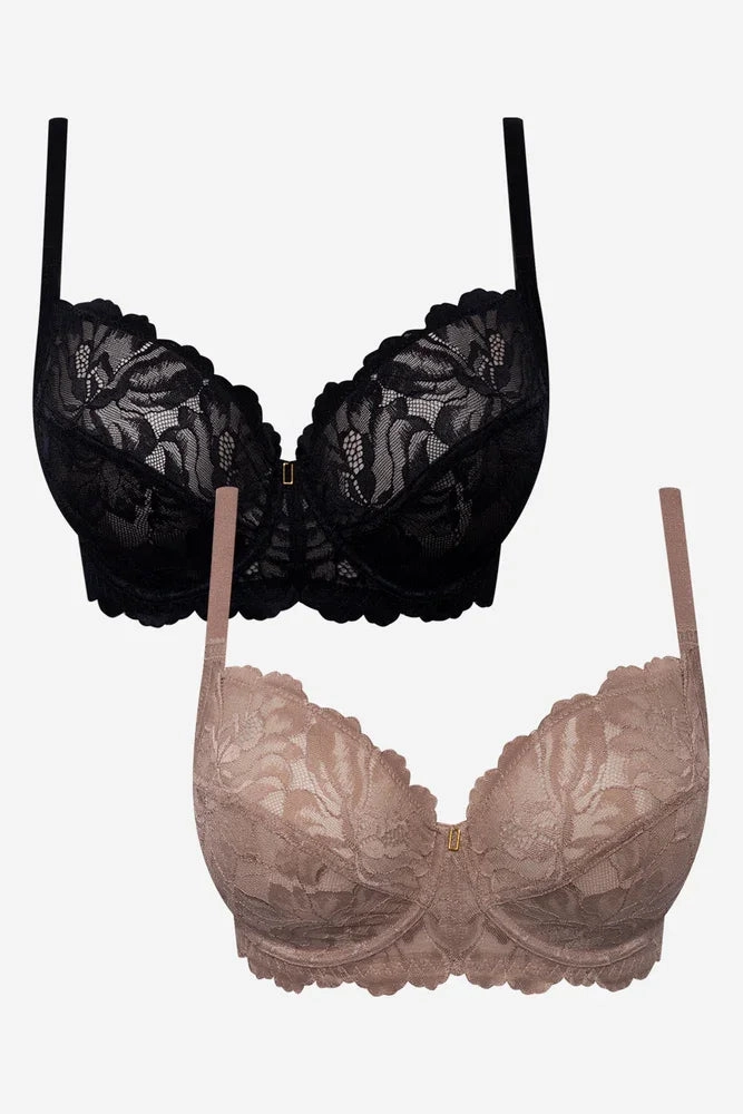 Flexible Wire Plus Size 2 Pack Non Padded Underwire Lace Bra Black And Natural
