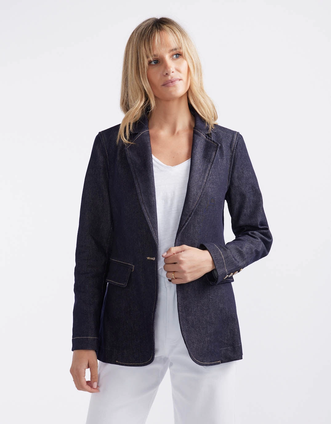 Layer Piece Reinforced Shoulder Panels Denim Blazer - Dark Denim