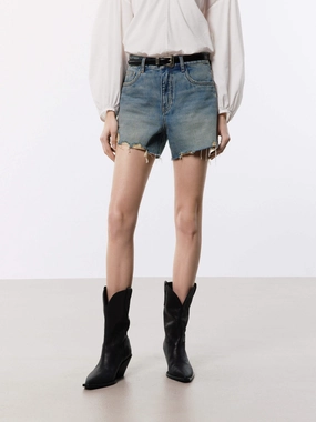 Crisp Look Smooth Texture Denim Distressed Detail Shorts