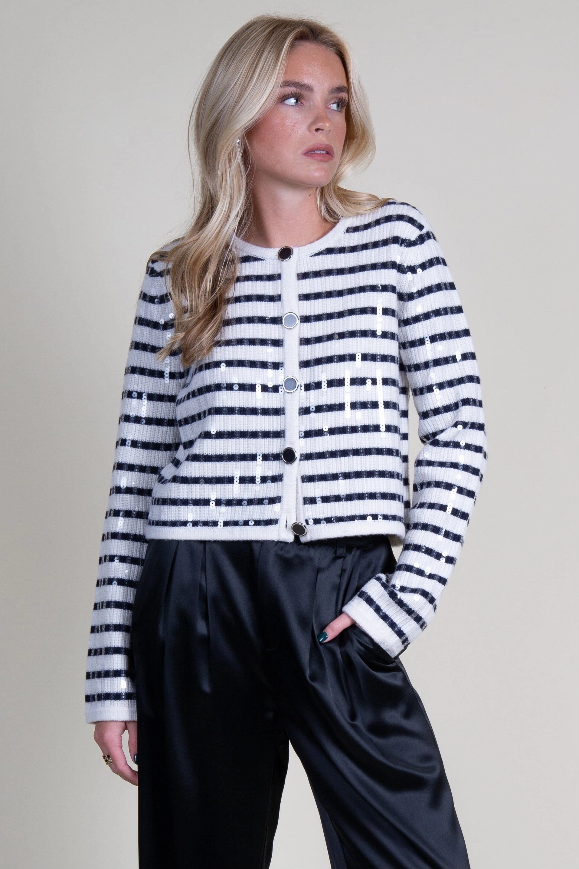 DEREK LAM | Nebula Sequin Cardigan - Blanco MidWeight Construction