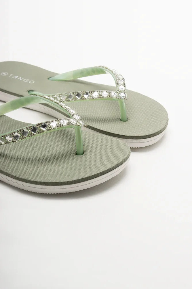 Diamante Flip Flop Green Low Profile Footbed Design Non Slip Outsole Grip