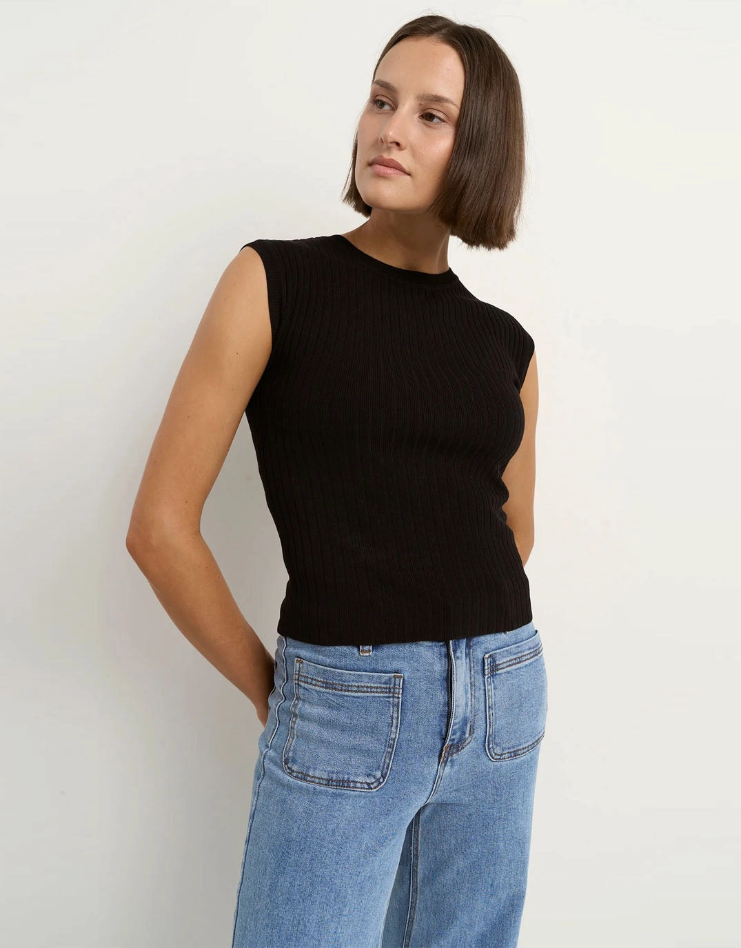 Subject Rib Knit Tank - Black vivid color colorless