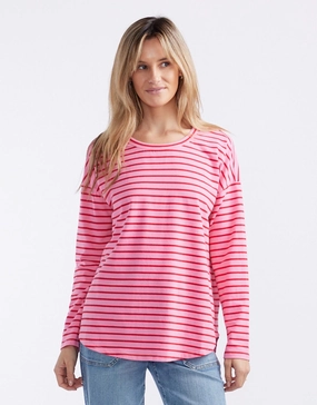 Relaxed Long Sleeve T-Shirt - Pink/Red Office Casual