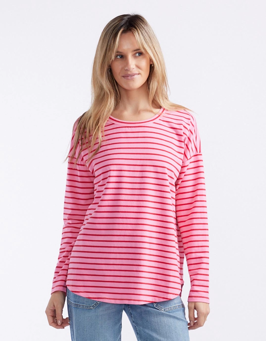 Relaxed Long Sleeve T-Shirt - Pink/Red Office Casual