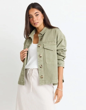 StretchableMaterial Echo Patch Pocket Denim Jacket - Khaki