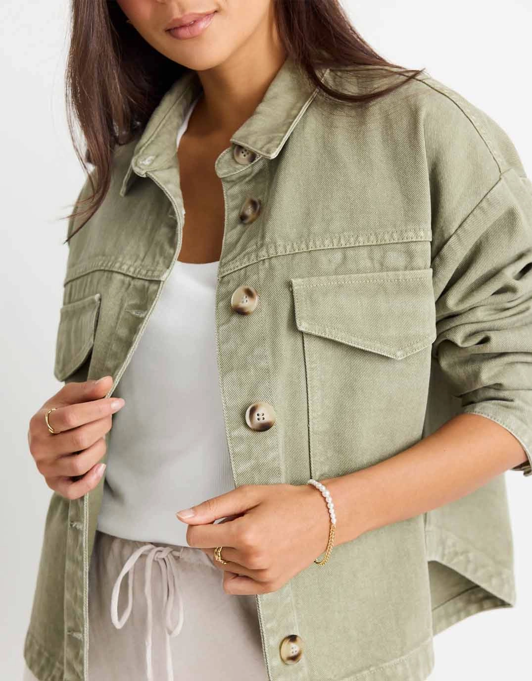 Echo Patch Pocket Denim Jacket - Khaki Clean Minimal Look