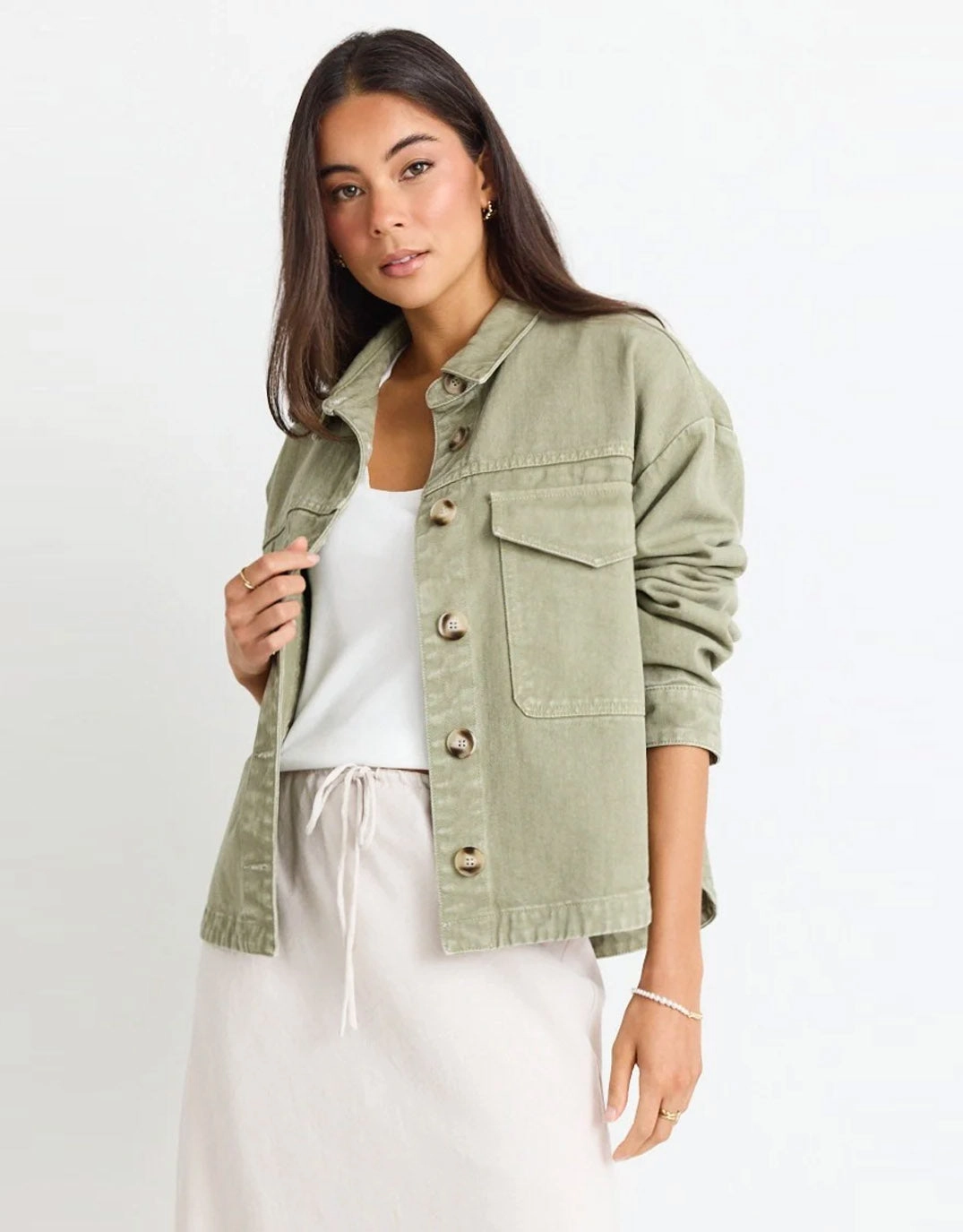 StretchableMaterial Echo Patch Pocket Denim Jacket - Khaki