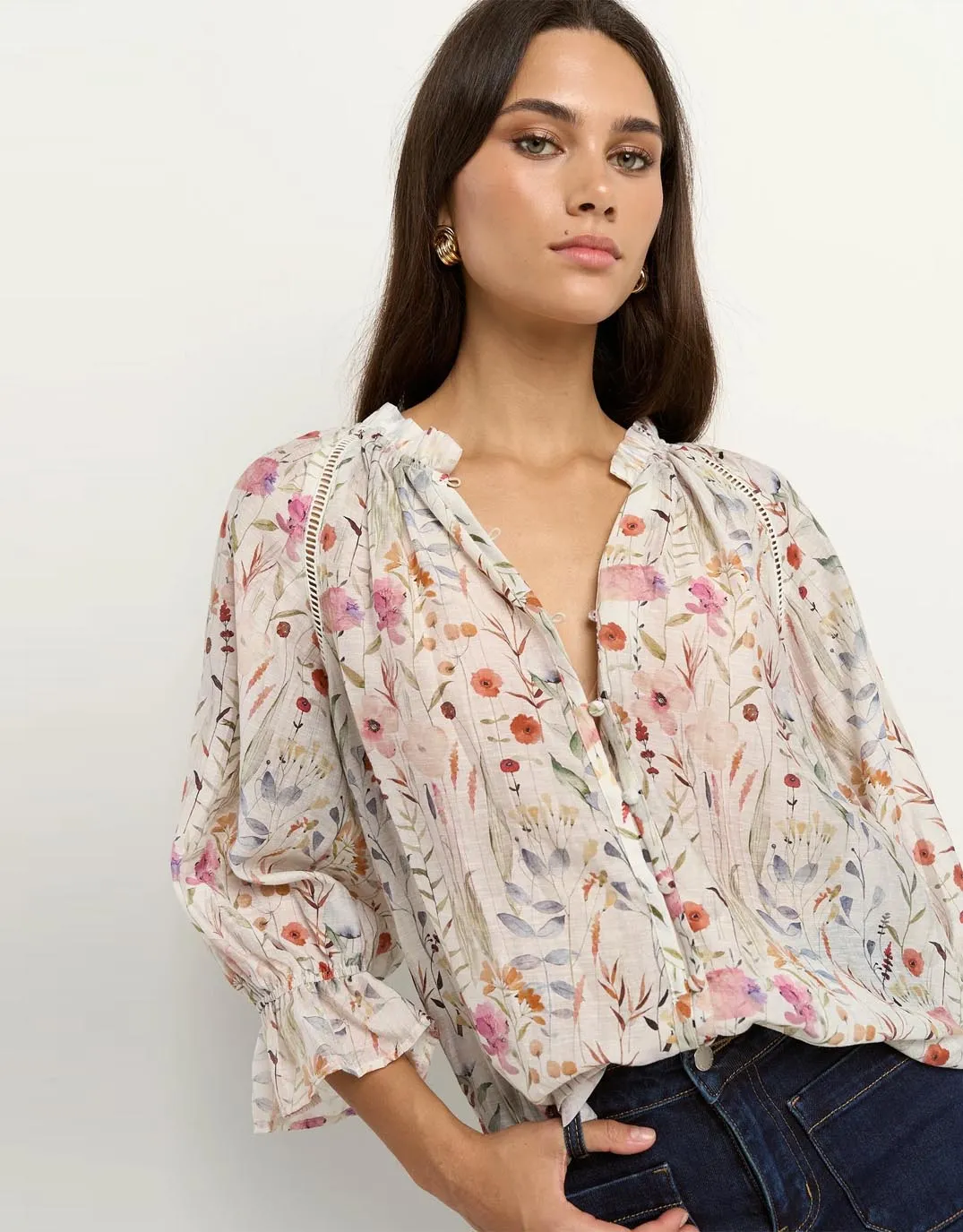 Cooling Mesh Lining Encounter Gathered Button Front Top - Cream Floral
