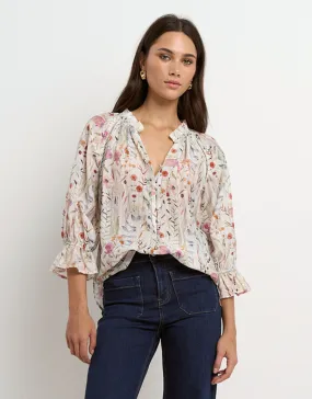 Encounter Gathered Button Front Top - Cream Floral Networking Session