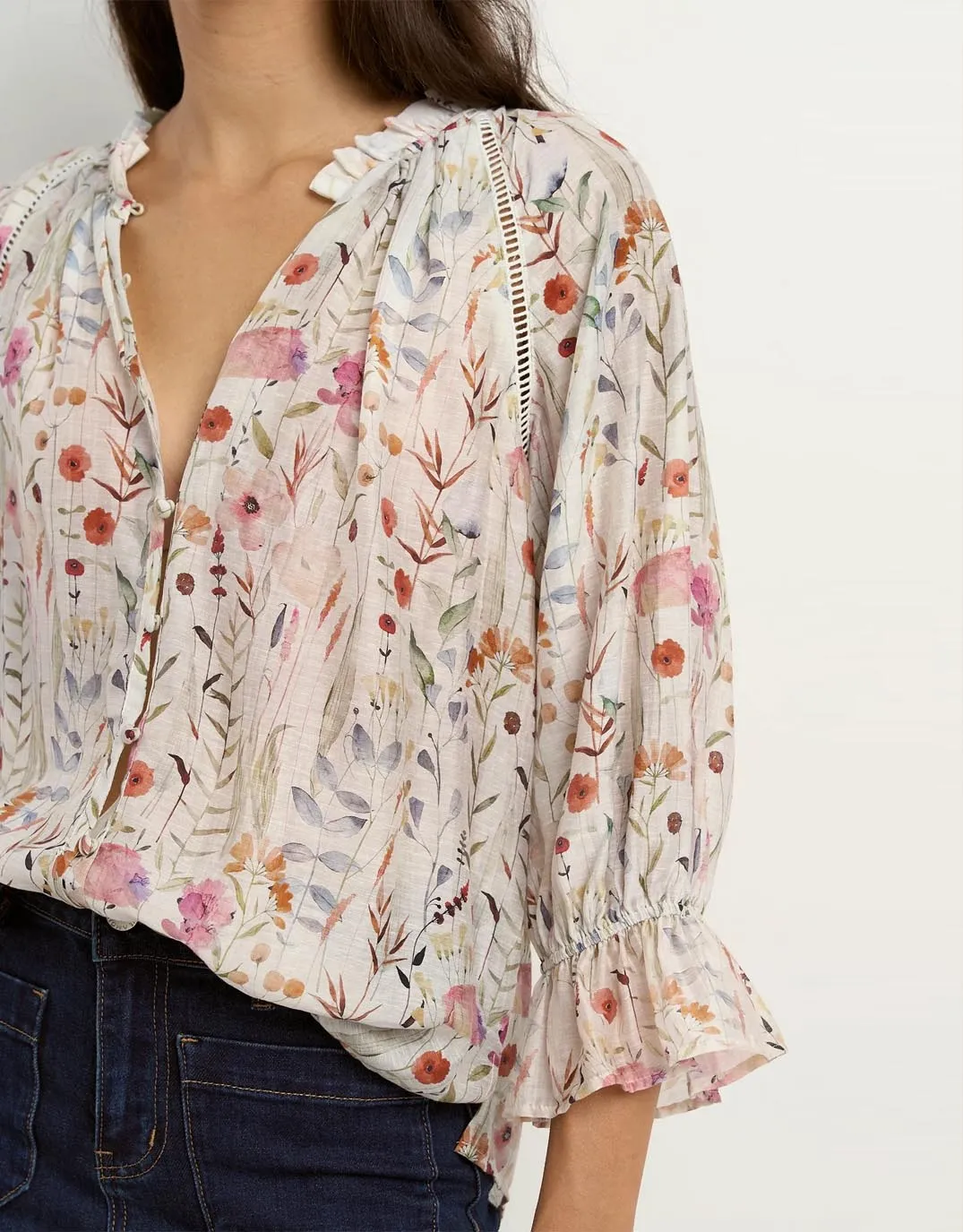 Encounter Gathered Button Front Top - Cream Floral Local Favorite Chic Design