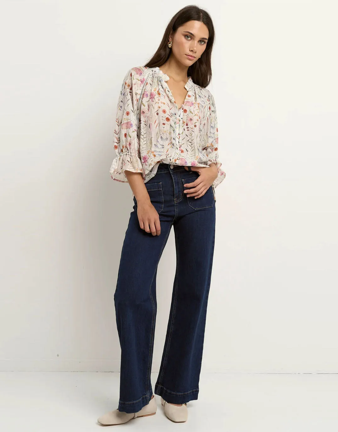 Encounter Gathered Button Front Top - Cream Floral Anti Cling Fabric