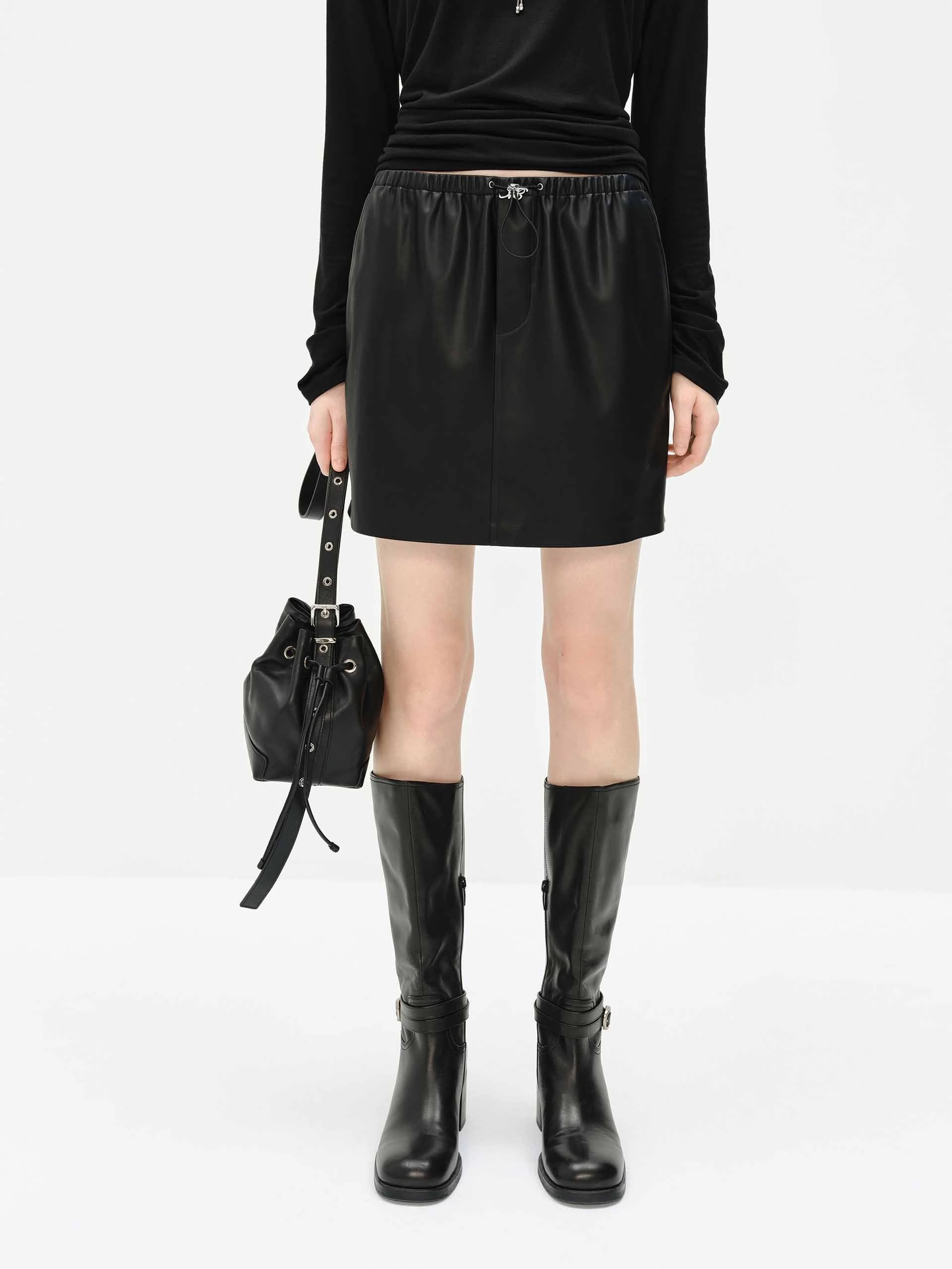 Elastic Waist Leather Skirt Silicone Grip Trim Flared hem