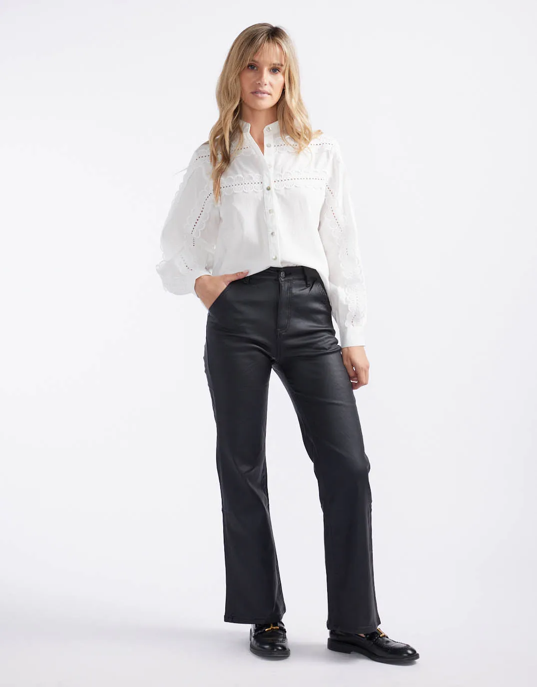 Eliza Broderie Blouse - White Plaid Design Low Maintenance