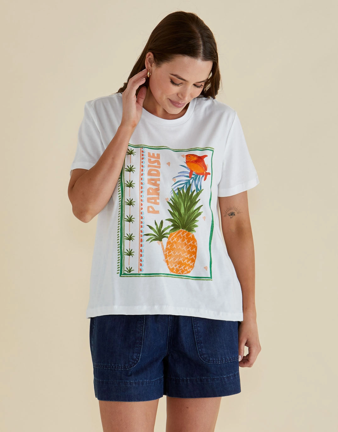 Ellia Crew Tee - Paradise Beach Print White Taped Neckline