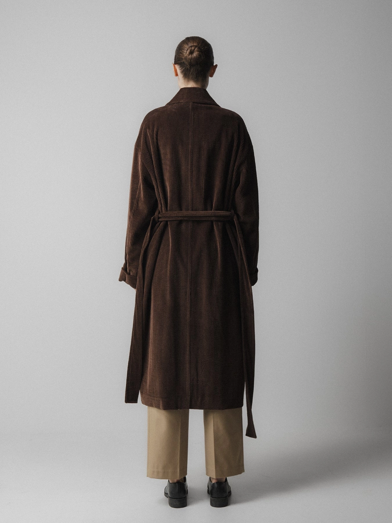 Emin   Paul Corduroy Long Belted Coat in Brown Weekday Street Look Sealed Seam Construction