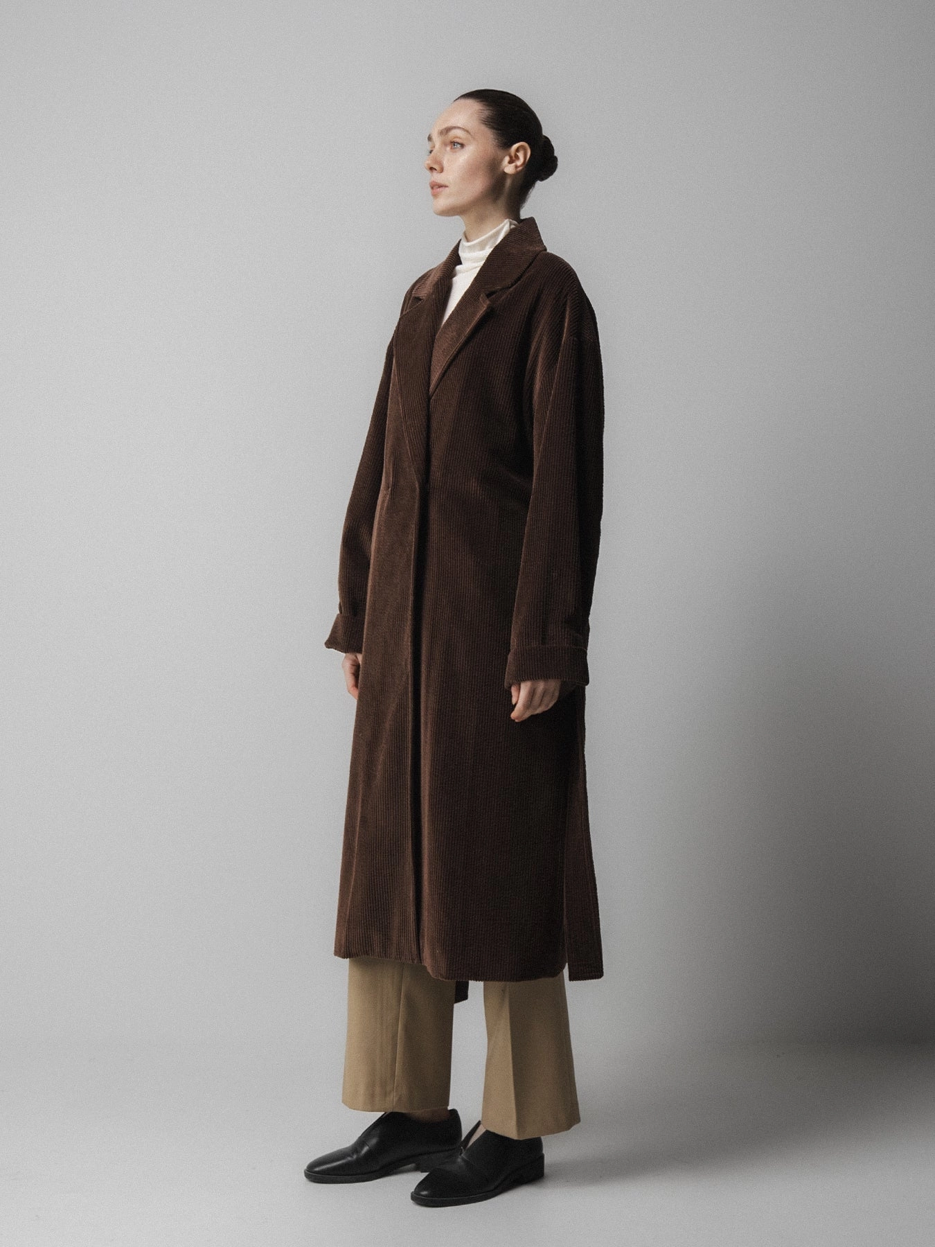 Emin   Paul Corduroy Long Belted Coat in Brown Vegan Leather Accents