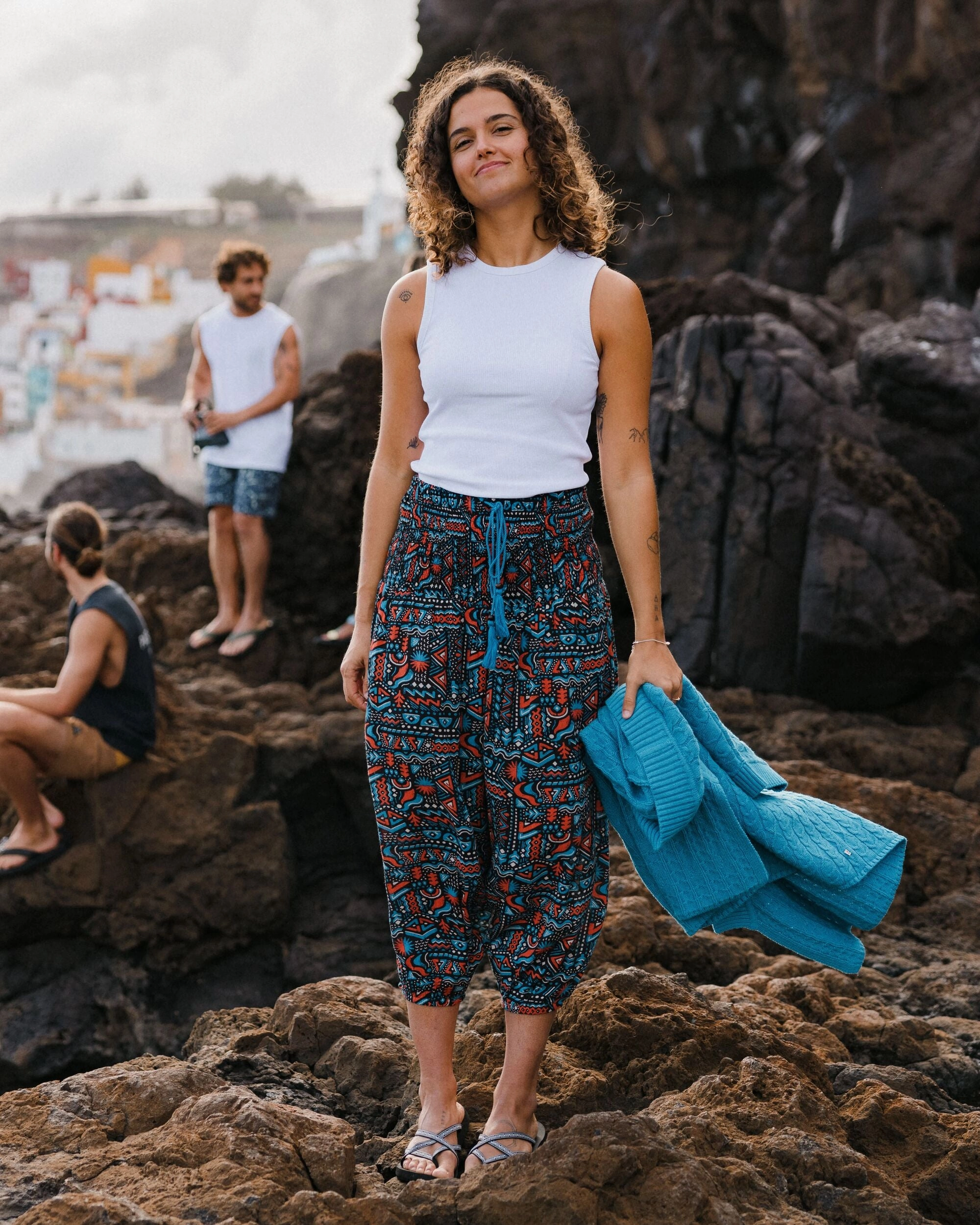Low Profile Waistband AntiPilling Daylily Loose Trouser - Elemental Geo Black