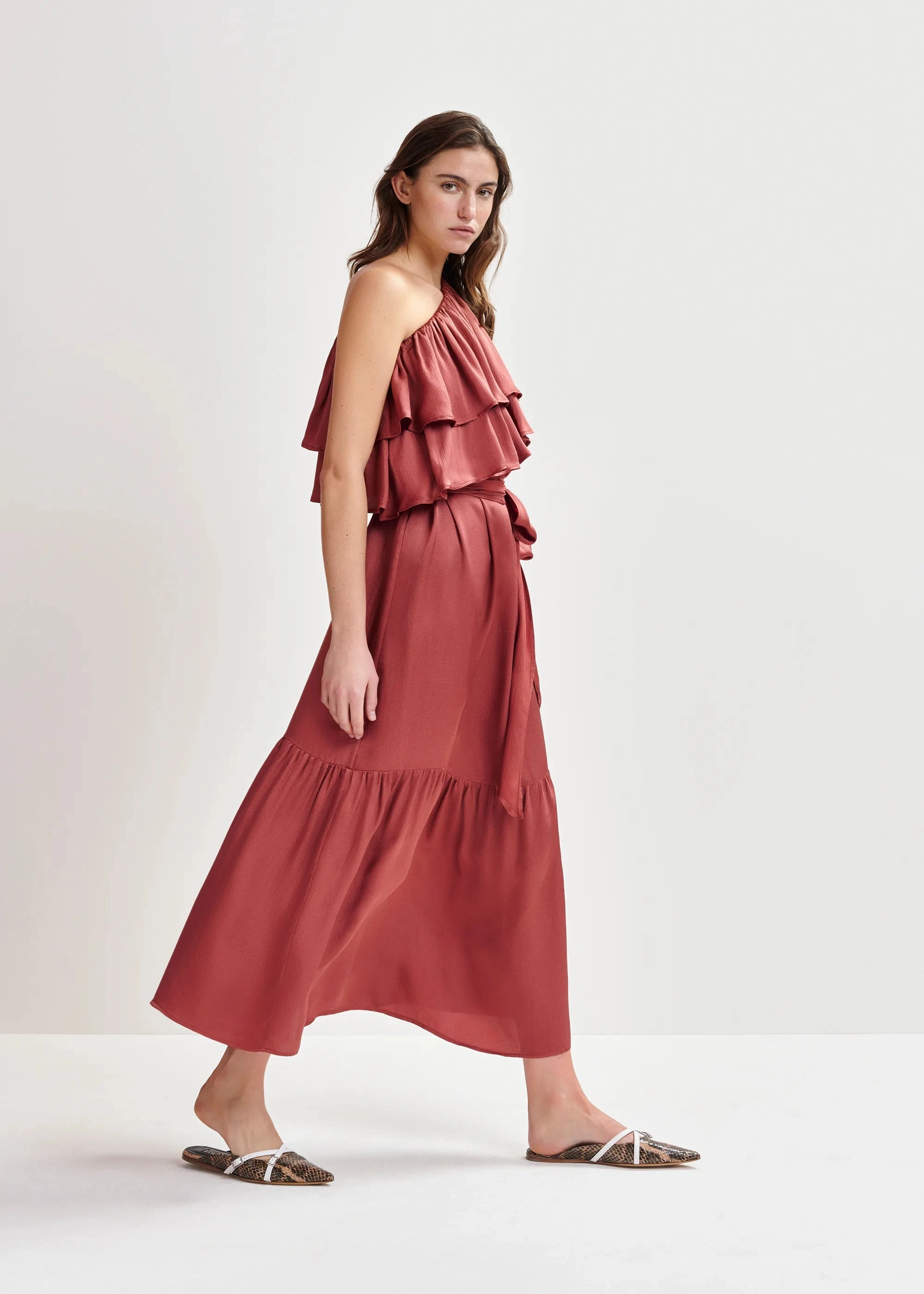 Essentiel Antwerp Hoenix Asymmetric Dress in Burnt Coral Quiet Sweet Gentle Flow