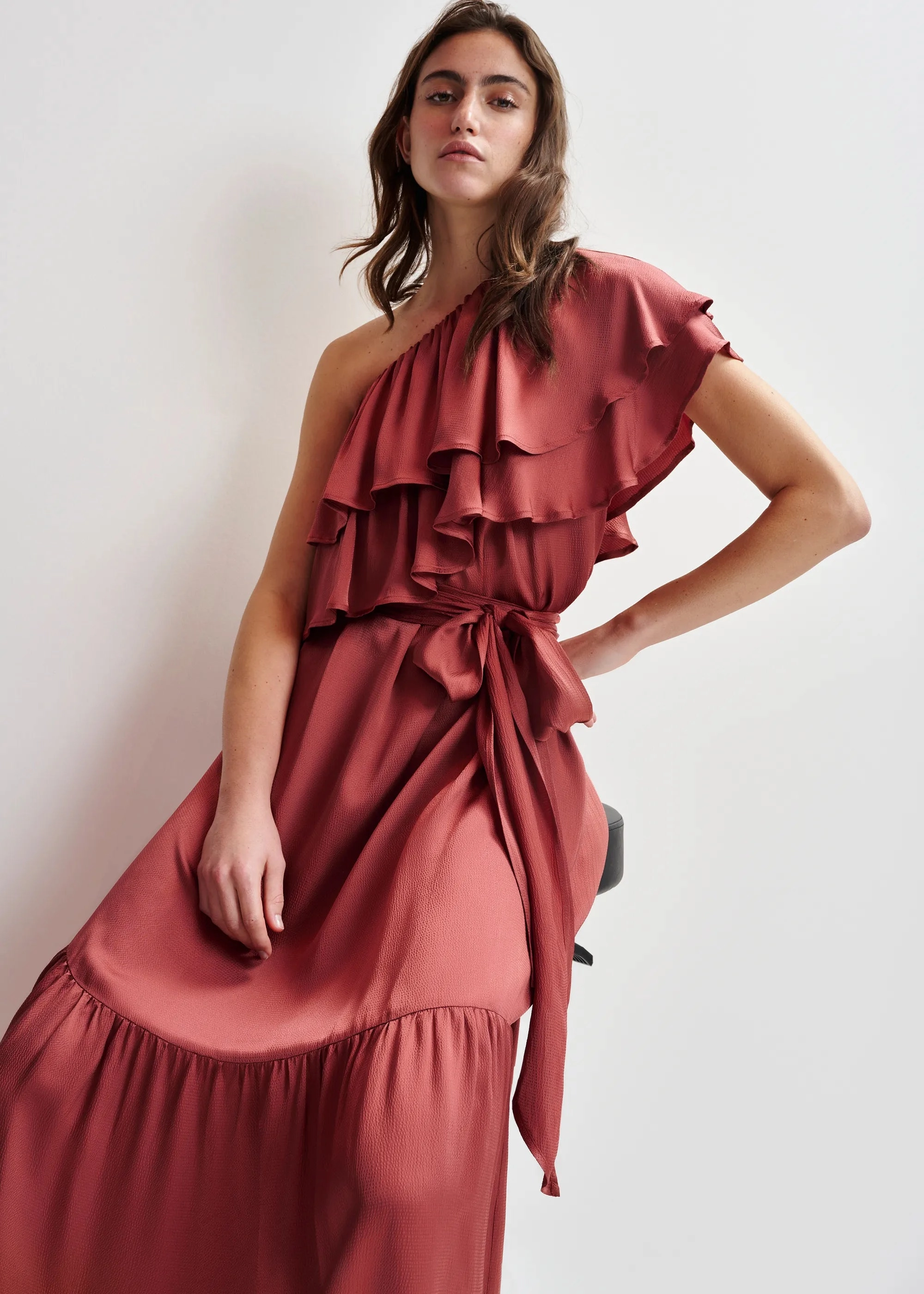Texture Flow Essentiel Antwerp Hoenix Asymmetric Dress in Burnt Coral