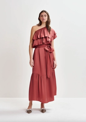 Delicate Edge Essentiel Antwerp Hoenix Asymmetric Dress in Burnt Coral